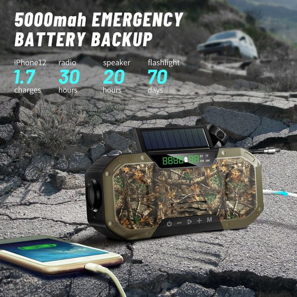 Emergency Radio Waterproof Bluetooth Speaker Portable Digital AM FM Radio with Flashlight Hand Crank with Solar Panel