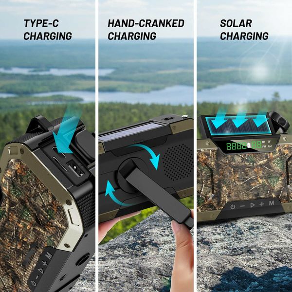 Emergency Radio Waterproof Bluetooth Speaker Portable Digital AM FM Radio with Flashlight Hand Crank with Solar Panel