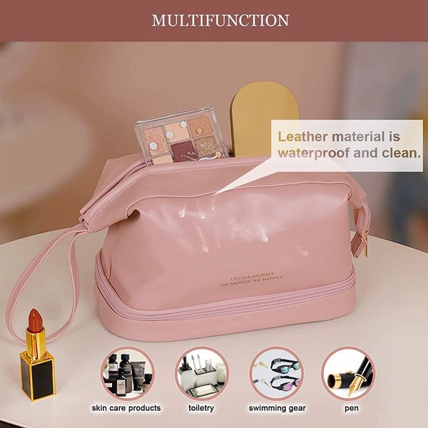 Waterproof Cosmetic Bag Large Capacity Travel Leather Makeup Bag Double Layer for all the Cosmetics-Pink