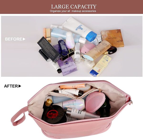 Waterproof Cosmetic Bag Large Capacity Travel Leather Makeup Bag Double Layer for all the Cosmetics-Pink