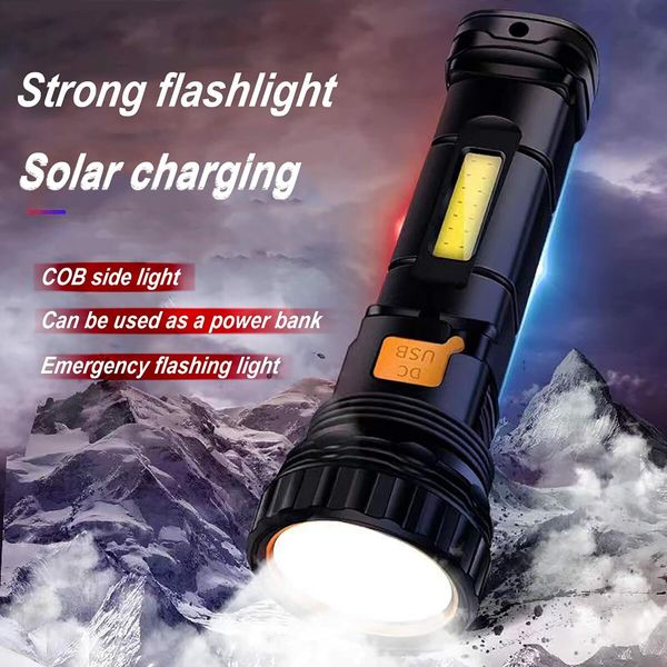 Multi-Function Solar/Rechargeable LED Flashlight, with Emergency Strobe Light and 1200mAh Battery