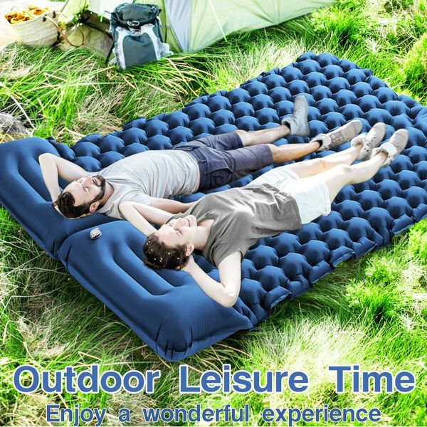 Double Sleeping Pad for Camping,Upgraded Inflatable Ultra-Thick Self Inflating Camping Pad 2 Person with Pillow Built-in Foot Pump Camping Sleeping Mat for Backpacking,Hiking,Portable Camping Pad (Navy Blue)