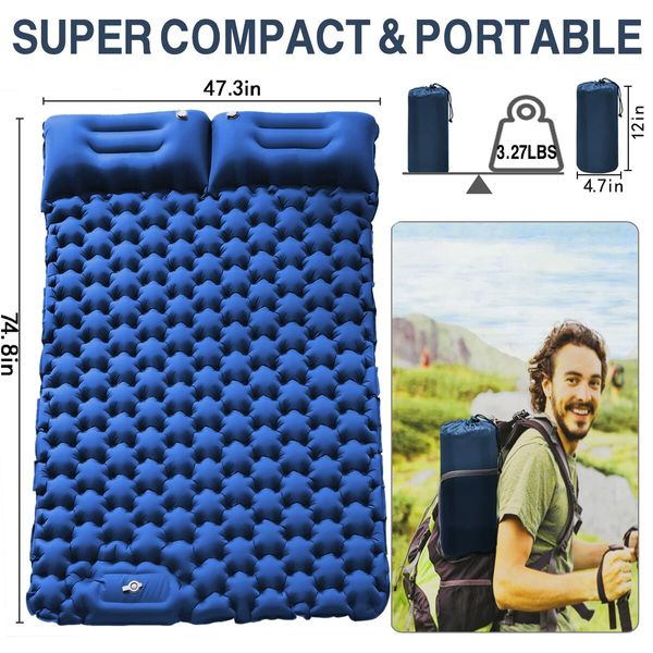 Double Sleeping Pad for Camping,Upgraded Inflatable Ultra-Thick Self Inflating Camping Pad 2 Person with Pillow Built-in Foot Pump Camping Sleeping Mat for Backpacking,Hiking,Portable Camping Pad (Navy Blue)