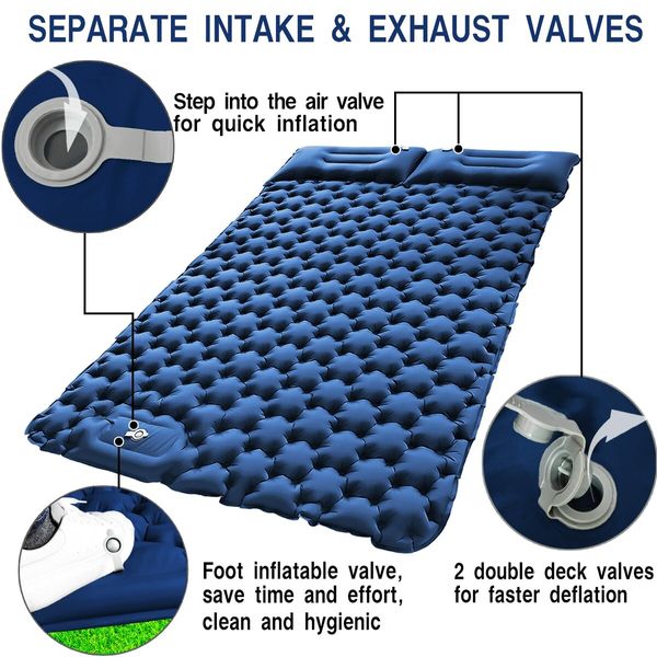 Double Sleeping Pad for Camping,Upgraded Inflatable Ultra-Thick Self Inflating Camping Pad 2 Person with Pillow Built-in Foot Pump Camping Sleeping Mat for Backpacking,Hiking,Portable Camping Pad (Navy Blue)