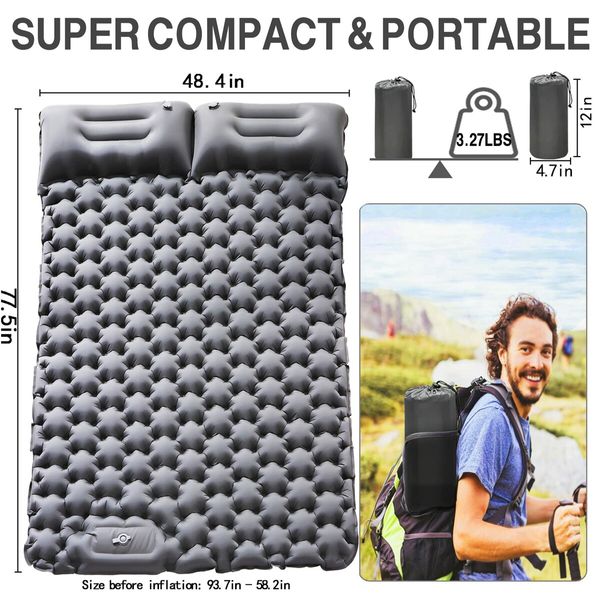 Double Sleeping Pad for Camping,Upgraded Inflatable Ultra-Thick Self Inflating Camping Pad 2 Person with Pillow Built-in Foot Pump Camping Sleeping Mat for Backpacking,Hiking,Portable Camping Pad (Grey)