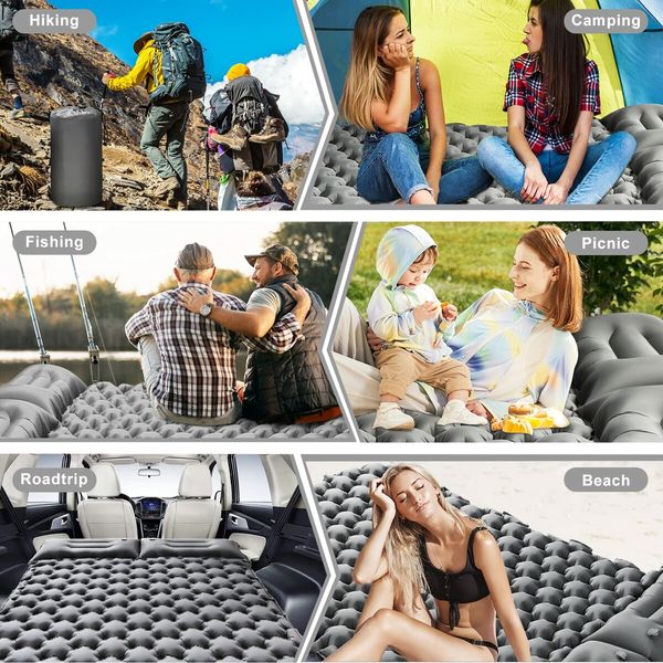 Double Sleeping Pad for Camping,Upgraded Inflatable Ultra-Thick Self Inflating Camping Pad 2 Person with Pillow Built-in Foot Pump Camping Sleeping Mat for Backpacking,Hiking,Portable Camping Pad (Grey)