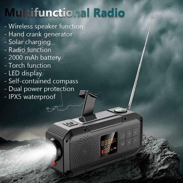 Emergency Solar Hand Crank Cell Phone Charger Emergency BT Radio FM/AM/WB LED  For Outdoor Camping Color Black