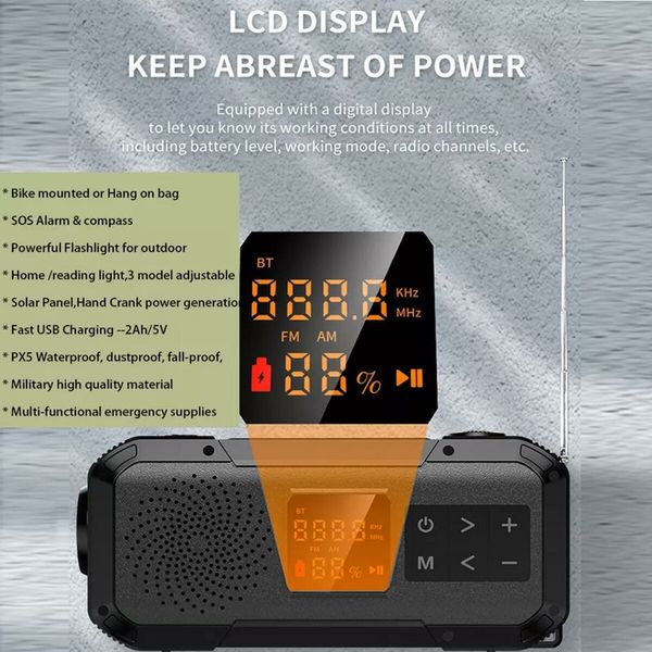 Emergency Solar Hand Crank Cell Phone Charger Emergency BT Radio FM/AM/WB LED  For Outdoor Camping Color Black