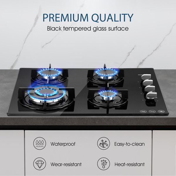 Maxkon Gas Cooktop Cooker 4 Burners Stove Tops 60cm Cook Hobs Stovetop NG LPG Glass Surface Knobs Black