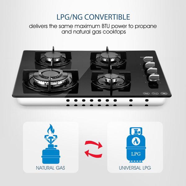 Maxkon Gas Cooktop Cooker 4 Burners Stove Tops 60cm Cook Hobs Stovetop NG LPG Glass Surface Knobs Black