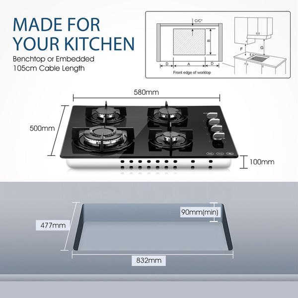 Maxkon Gas Cooktop Cooker 4 Burners Stove Tops 60cm Cook Hobs Stovetop NG LPG Glass Surface Knobs Black