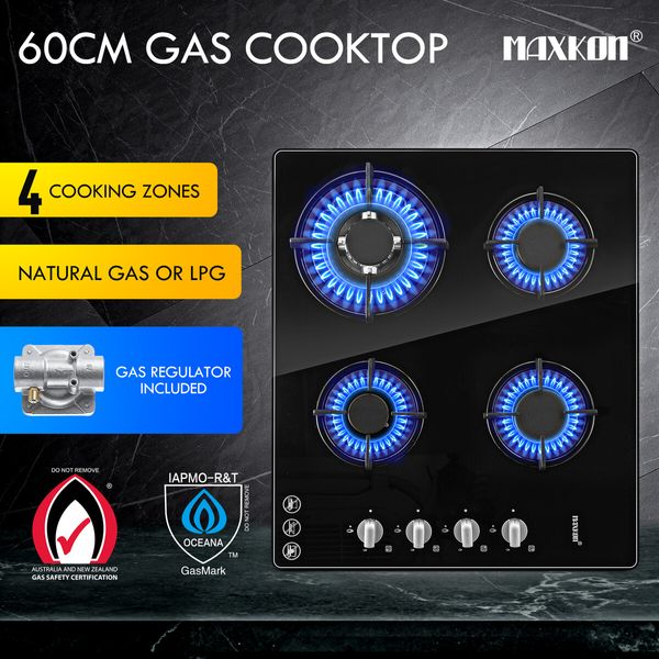 Maxkon Gas Cooktop Cooker 4 Burners Stove Tops 60cm Cook Hobs Stovetop NG LPG Glass Surface Knobs Black