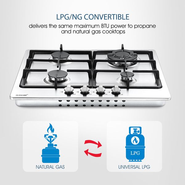 Maxkon Gas Cooktop 4 Burners Cooker 60cm Stove Cook Tops Hobs Stovetop NG LPG Stainless Steel Surface Knobs