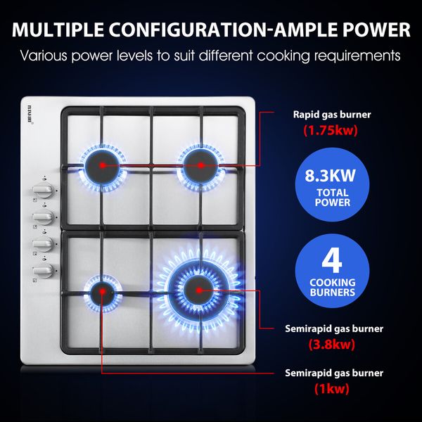 Maxkon Gas Cooktop 4 Burners Cooker 60cm Stove Cook Tops Hobs Stovetop NG LPG Stainless Steel Surface Knobs