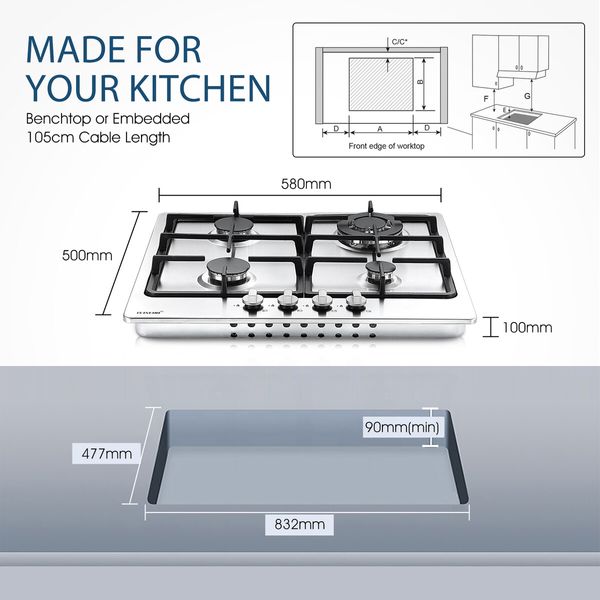 Maxkon Gas Cooktop 4 Burners Cooker 60cm Stove Cook Tops Hobs Stovetop NG LPG Stainless Steel Surface Knobs