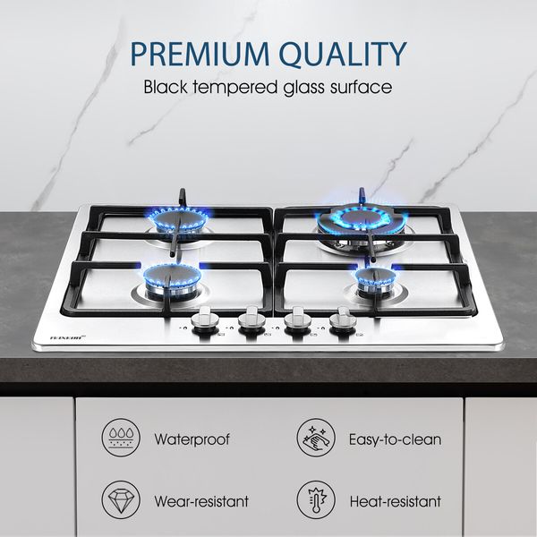 Maxkon Gas Cooktop 4 Burners Cooker 60cm Stove Cook Tops Hobs Stovetop NG LPG Stainless Steel Surface Knobs