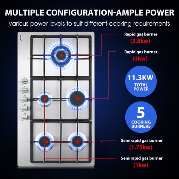 Maxkon 90cm Gas Cooktop Cooker 5 Burners Stoves Hobs Cook Tops Stovetop NG LPG Stainless Steel Surface Knobs