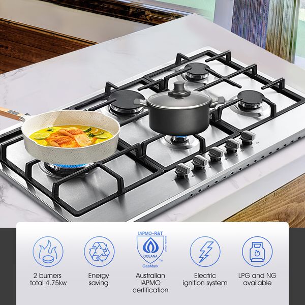 Maxkon 90cm Gas Cooktop Cooker 5 Burners Stoves Hobs Cook Tops Stovetop NG LPG Stainless Steel Surface Knobs