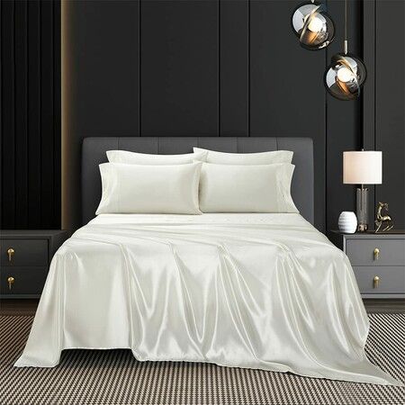 4 Piece Satin Bedding Sheet Pillowcase Sets Luxury Rich Silk Silky Super Soft Solid Color Reversible  Stain-Resistant Wrinkle Free (White)