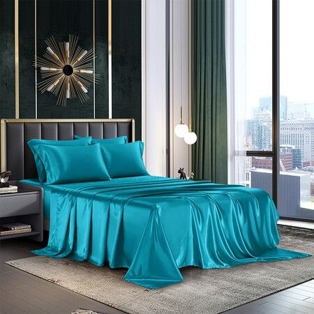 4 Piece Satin Bedding Sheet Pillowcase Sets Luxury Rich Silk Silky Super Soft Solid Color Reversible  Stain-Resistant Wrinkle Free (Teal)