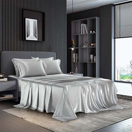 4 Piece Satin Bedding Sheet Pillowcase Sets Luxury Rich Silk Silky Super Soft Solid Color Reversible  Stain-Resistant Wrinkle Free (Light Grey)