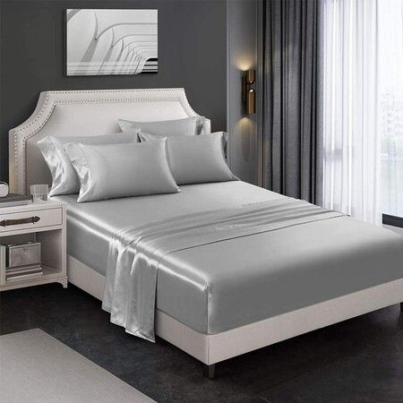 4 Piece Satin Bedding Sheet Pillowcase Sets Luxury Rich Silk Silky Super Soft Solid Color Reversible  Stain-Resistant Wrinkle Free (Light Grey)