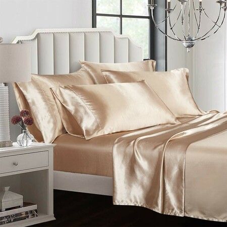 4 Piece Satin Bedding Sheet Pillowcase Sets Luxury Rich Silk Silky Super Soft Solid Color Reversible  Stain-Resistant Wrinkle Free (Khaki)