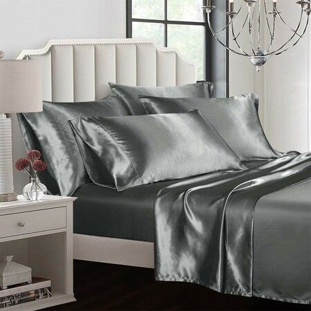 4 Piece Satin Bedding Sheet Pillowcase Sets Luxury Rich Silk Silky Super Soft Solid Color Reversible  Stain-Resistant Wrinkle Free (Dark Grey)