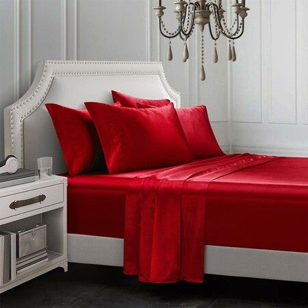 4 Piece Satin Bedding Sheet Pillowcase Sets Luxury Rich Silk Silky Super Soft Solid Color Reversible  Stain-Resistant Wrinkle Free (Burgundy Red)