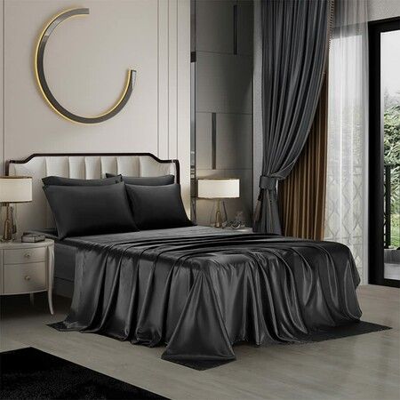 4 Piece Satin Bedding Sheet Pillowcase Sets Luxury Rich Silk Silky Super Soft Solid Color Reversible  Stain-Resistant Wrinkle Free (Black)