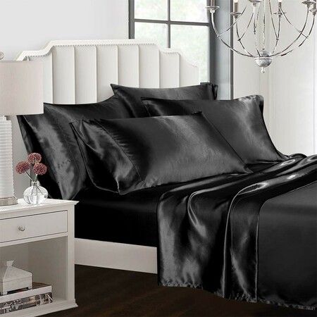 4 Piece Satin Bedding Sheet Pillowcase Sets Luxury Rich Silk Silky Super Soft Solid Color Reversible  Stain-Resistant Wrinkle Free (Black)