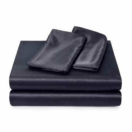 4 Piece Satin Bedding Sheet Pillowcase Sets Luxury Rich Silk Silky Super Soft Solid Color Reversible  Stain-Resistant Wrinkle Free (Black)