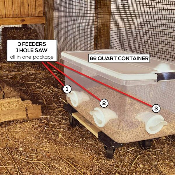 Chicken Feeder with Rat Stopper Caps,6 Ports and Hole Saw,DIY Poultry Feeder Port Gravity Automatic Fed Kit for Buckets,Barrels,Bins,Troughs