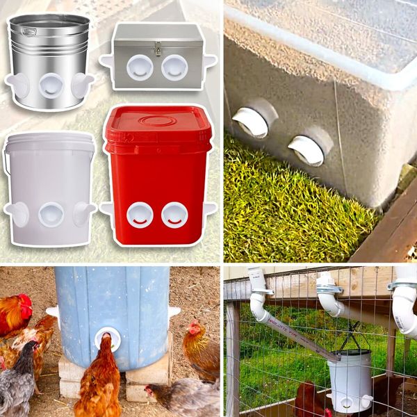 Chicken Feeder with Rat Stopper Caps,6 Ports and Hole Saw,DIY Poultry Feeder Port Gravity Automatic Fed Kit for Buckets,Barrels,Bins,Troughs