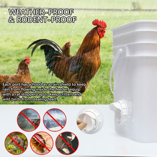 DIY Chicken Feeder No Waste - 6Pcs Automatic Poultry Feeder Port with Stopper & Hole Saw,Waterproof & Rodent Proof Gravity Chicken Feeder Kits for Buckets,Barrels,Bins,Troughs (White)