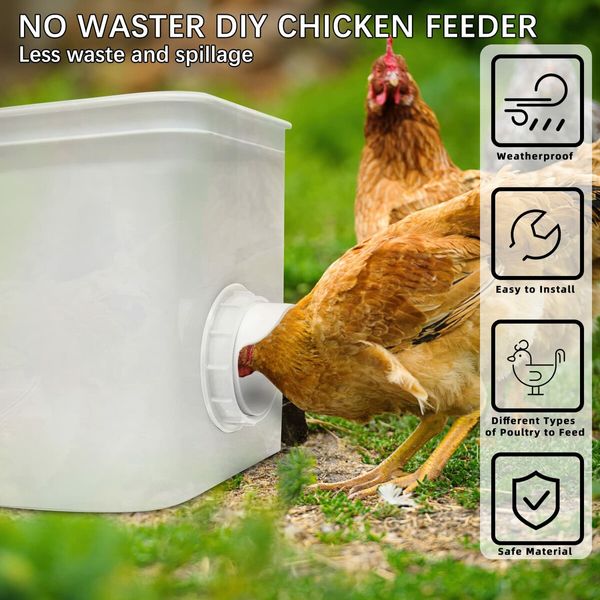 DIY Chicken Feeder No Waste - 4Pcs Automatic Poultry Feeder Port with Stopper & Hole Saw,Waterproof & Rodent Proof Gravity Chicken Feeder Kits for Buckets,Barrels,Bins,Troughs (White)