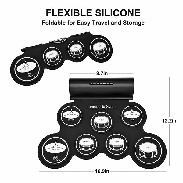 Roll Up Drum with Headphone Jack Built-In Speaker (DC Powered) Digital Touch 7 Labeled Drum Pads 2 Foot Pedals