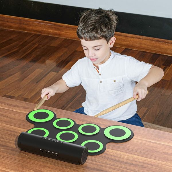 Roll Up Drum Practice Pad Midi Drum Kit with Built-in Speaker Drum Pedals Sticks Great Gift for Kids-Green