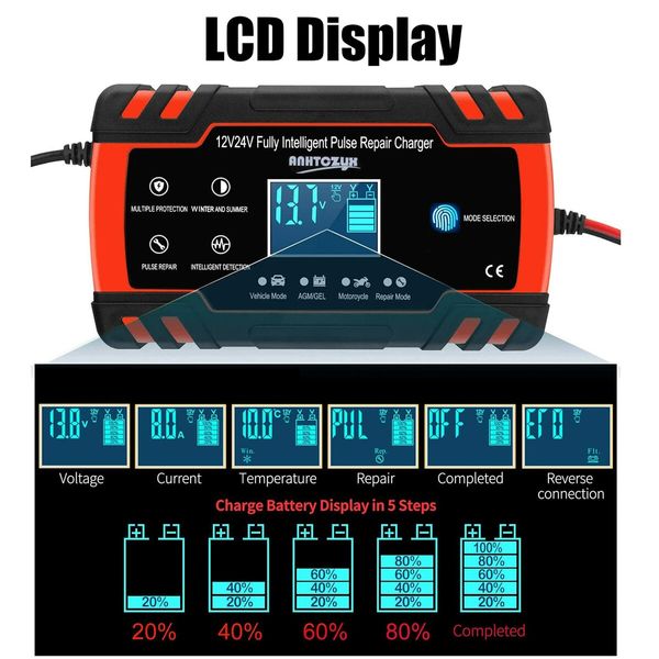 Car Battery Charger 8-Amp, 24V and 12V   Automotive, Trickle Charger for Car Battery  Maintainer with Temperature Compensation and LCD Display