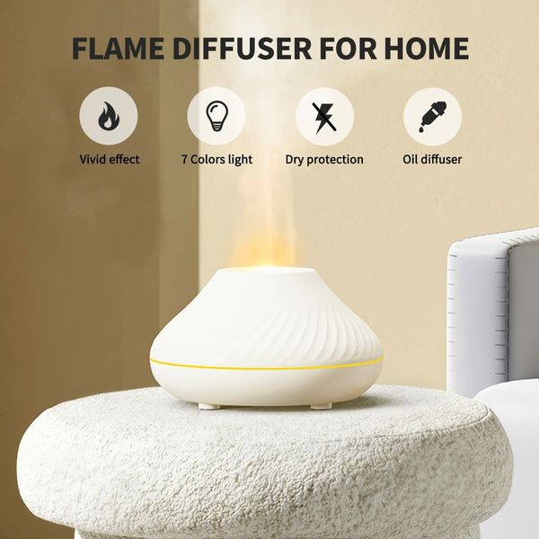 7 Color Flame Aroma Diffuser Essential Oil Lamp USB Portable Air Humidifier with Color Night Light Fragrance Home Car Color White