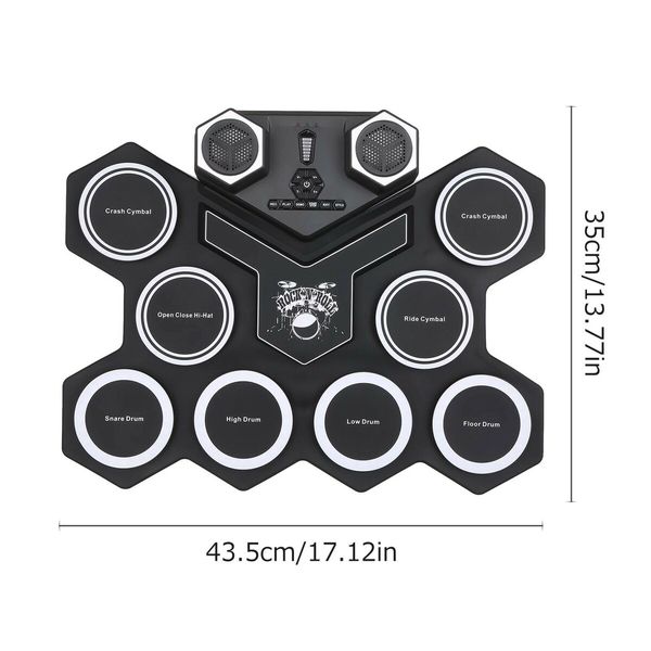 9 Pad Digital Drum Kit Portable Roll-Up Drum Pad Tabletop Drum Set Built-in Dual Stereo Speakers Electric Drums-Black