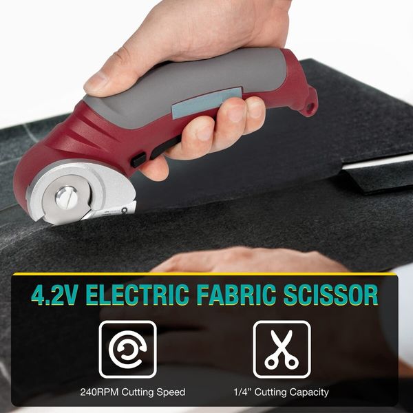 Cordless Electric Scissors,Rotary Cutter for Fabric with Safety Lock, 4.2V Cardboard Cutter Multi-Cutting Tools,Powerful Fabric Cutter for Carpet Leather Felt with Storage Box - Red