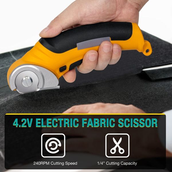 Cordless Electric Scissors,Rotary Cutter for Fabric with Safety Lock, 4.2V Cardboard Cutter Multi-Cutting Tools,Powerful Fabric Cutter for Carpet Leather Felt with Storage Box - Yellow