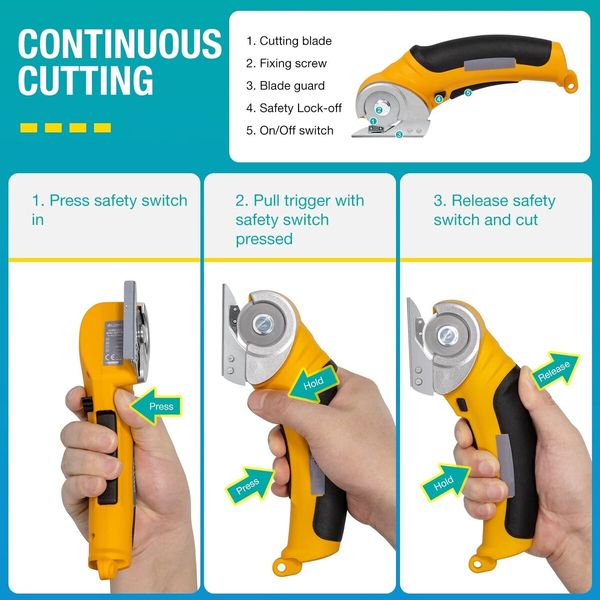 Cordless Electric Scissors,Rotary Cutter for Fabric with Safety Lock, 4.2V Cardboard Cutter Multi-Cutting Tools,Powerful Fabric Cutter for Carpet Leather Felt with Storage Box - Yellow