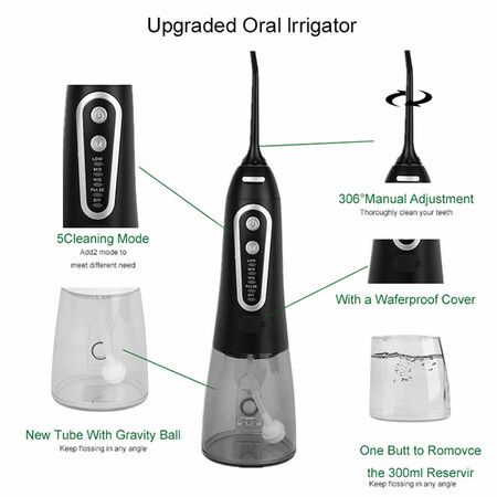 Oral Irrigator Wireless Electric with 5 Modes and 6 Nozzles Water Flosser IPX7 Waterproof USB Charging 300 ml Tooth Cleaner for Home Travel (Black)