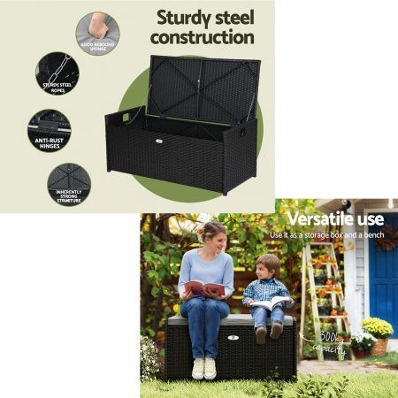 Gardeon Outdoor Storage Bench Box Wicker Garden Sheds Tools Cushion Patio Furniture Black