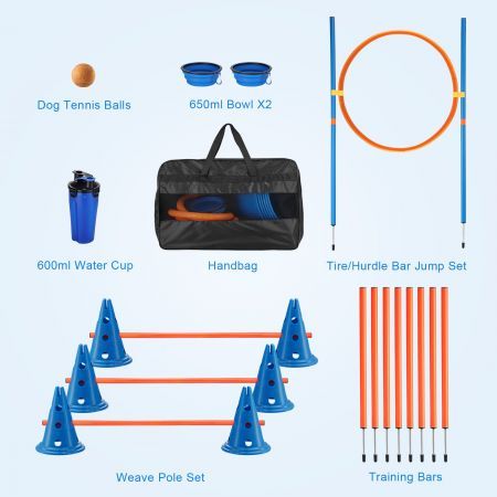 Dog Agility Equipment 7 Set Pet Obstacle Training Course Supplies Jump Puppy Hurdle Cones Weave Poles Carry Bag Water Bottle Bowl