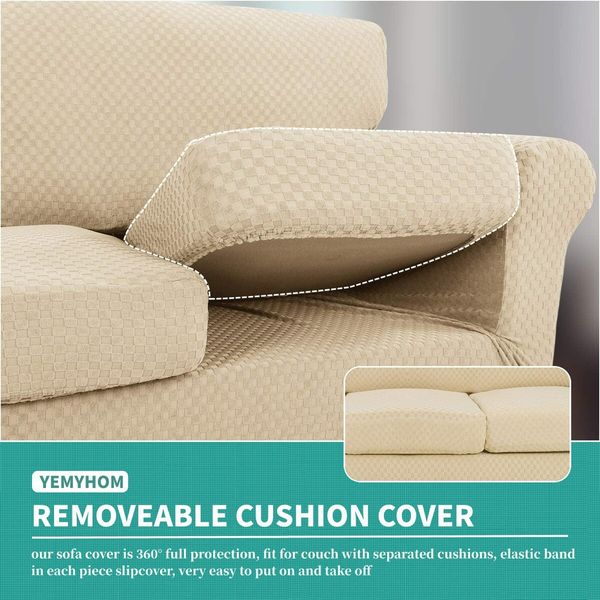 4 Pieces Couch Covers for 3 Cushion Couch High Stretch Thickened Sofa Cover for Dogs Pets Elastic Slipcovers Living Room Furniture Protector (Beige