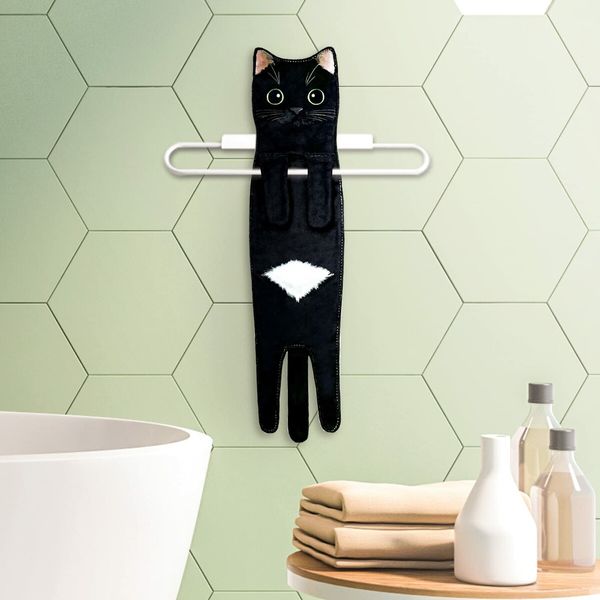 Hand Towels for Bathroom Kitchen,Cute Cat Quick-Dry Hanging Hand Towels Decorative for Bathroom Face Towels,Funny Gifts for Cat Lovers (Black)