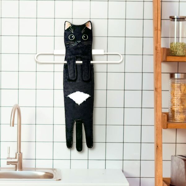 Hand Towels for Bathroom Kitchen,Cute Cat Quick-Dry Hanging Hand Towels Decorative for Bathroom Face Towels,Funny Gifts for Cat Lovers (Black)